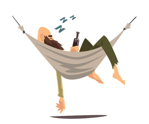 Drunk man asleep in a hammock