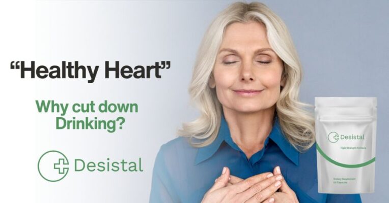 Smiling woman with hands over her heart beside Desistal supplement packaging, promoting heart health and reduced alcohol intake