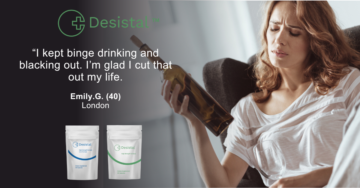 Woman sad looking a a bottle of wine quote about stopping binge drinking packets of desistal in the background