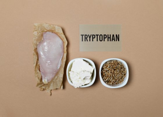 Tryptophan rich foods. Natural sources of tryptophan are chicken fillet, cottage cheese, germinated wheat grains. Cardboard sign with the inscription.